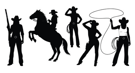 Obraz premium Cowboy and cowgirl silhouettes cowgirl silhouettes with a horse, lasso, and cowboy hat, isolated on white background
