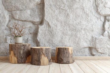 Wooden stumps floor with stone wall