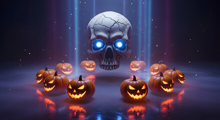 Surreal Floating Skull Surrounded by Glowing Jack-o'-lanterns in Magical Foggy Space