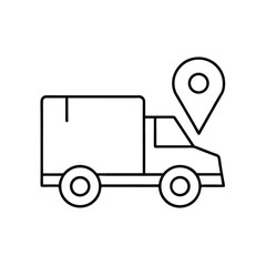 location delivery truck icon, outline vector of logistics vehicle with map pin symbol for GPS tracking, route planning, and courier apps