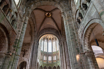 Obraz premium Interior of cathedral of UNESCO heritage site Mont Saint-Michel near Brittany in France