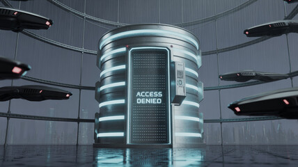 Cyber Access Denied: A futuristic server room scene showcases a central data vault, its access door emblazoned with ACCESS DENIED, surrounded by hovering drones.