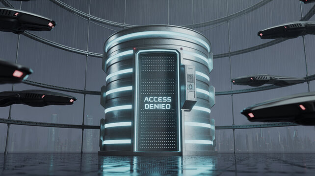 Cyber Access Denied: A futuristic server room scene showcases a central data vault, its access door emblazoned with ACCESS DENIED, surrounded by hovering drones.