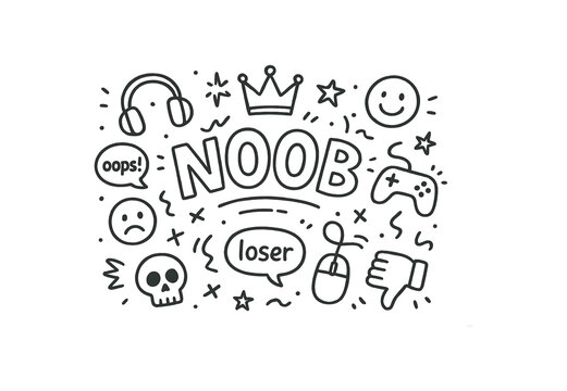 Cute doodle style illustration with large central word NOOB