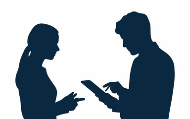 Two people in silhouette a woman and a man interacting with a tablet device and a smartphone showcasing modern communication and technology silhouette