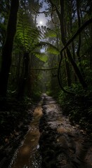 Obraz premium Muddy Path Through a Lush Rainforest with Ferns and Sunlight