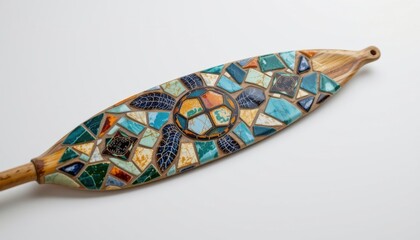 a high resolution, ultra sharp isolated object of a kayak paddle featuring turtle shell mosaics design elements, placed on a pure white background with no shadow or minimal soft shadow
