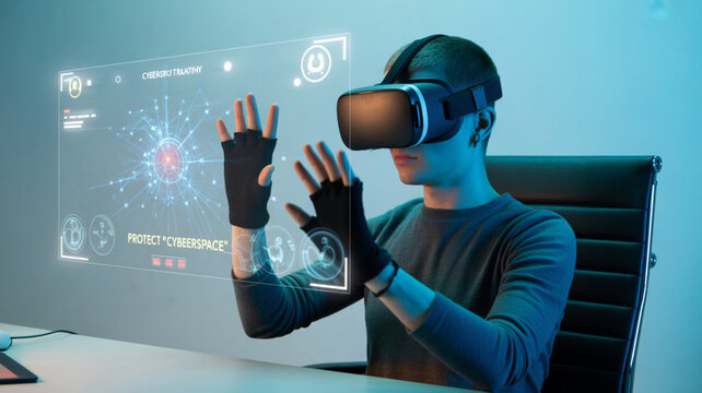 Immersive Virtual Reality Experience: A person, engrossed in a virtual reality environment, is fully immersed in a digitally-rendered world, represented with cutting-edge technology.