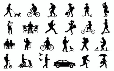 Collection of diverse people and vehicles in a modern silhouette style showcasing various activities and modes of transportation including walking cycling and using scooters
