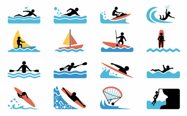 Collection of stylized water sport icons featuring diverse activities like swimming surfing kayaking paddleboarding sailing jet skiing and cliff diving in a clean silhouette style