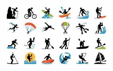 A black vector silhouette set of diverse sports icons featuring people performing various fitness activities like running, soccer, tennis, and gymnastics