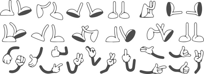 Retro cartoon legs and hands. Vintage hand, foot and f. Hands with gloves and feet with boots, various poses for characters, a set of poses, gestures, placement of hands and feet. Body parts mascot