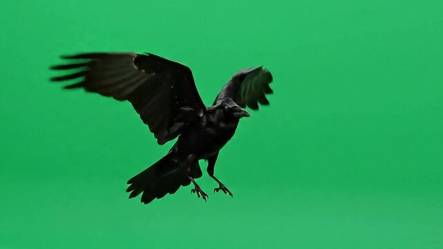 Isolated crow flying animation sequence on green screen for visual effects use