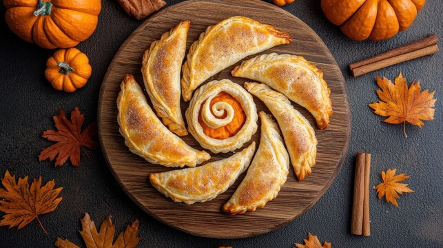 Pumpkin empanadas displayed in circular spiral arrangement on wooden serving board dusted with cinnamon sugar showing golden flaky pastry filled with orange pumpkin mixture decorated with mini pumpki