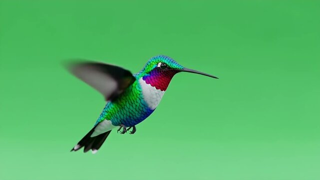 A colorful 3D animated hummingbird hovering in flight for chroma key on a green screen