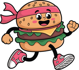 Funny Cartoon Burger Running with Headband Vector Design, Transparent Background.