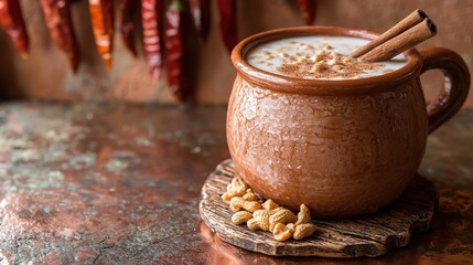 Traditional peanut horchata beverage served in terracotta vessel with cinnamon stick, peanut topping, rustic wooden board, atmospheric restaurant setting