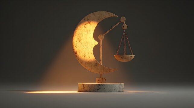 Wooden crescent moon and balance scales on a pedestal.