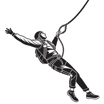 Monochromatic Illustration of a Person Rappelling Down a Rope with Arms Outstretched Against White Background