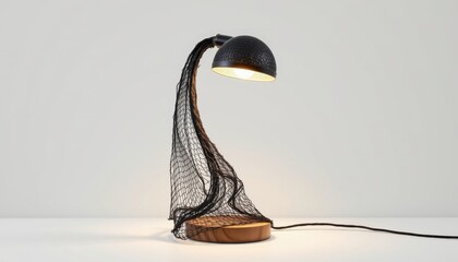 Obraz premium a high resolution, ultra sharp isolated object of a desk lamp featuring biodegradable fishing net fibers design elements, placed on a pure white background with no shadow or minimal soft shadow