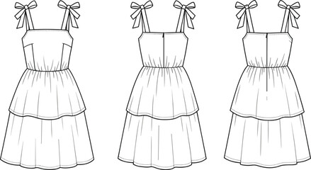 Tiered dress technical sketch, spaghetti straps, bow detail, fitted bodice, fashion flat, design variation illustration