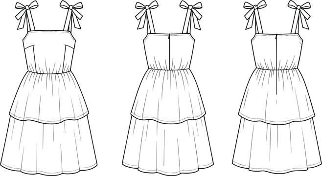 Tiered dress technical sketch, spaghetti straps, bow detail, fitted bodice, fashion flat, design variation illustration