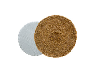 bale of straw, and bale of straw wrapped with white tape. technology of preserving hay for long-term storage. isolated on white background,