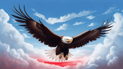 Obraz premium Majestic Bald Eagle Soaring Through Dramatic Red and Blue Sky Clouds.
