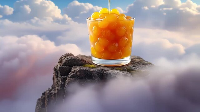 A glass of amber drink with round, yellow-orange tapioca pearls sits atop a rocky summit, bathed in the soft light of a cloudy sky