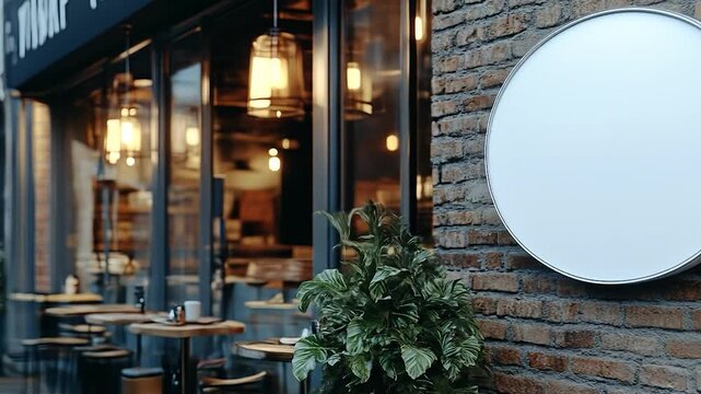 Blank cafe sign with city street.