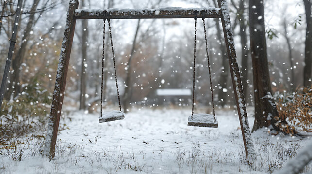 Wooden swing set in snowy forest