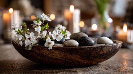A wooden bowl with white flowers and stones on a table, candles in the background, creating a peaceful atmosphere.