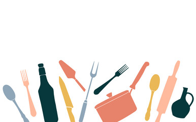 Cooking  Background with empty spase for text. Doodle Set of Isolated Kitchen Utensils in pastel colors. Restaurant Design Poster. Vector illustration. Culinary blog border. 
