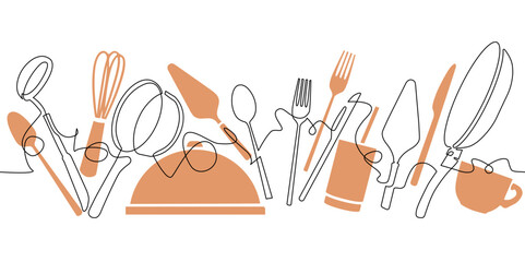 Cooking Background. One Line Drawing of Isolated Kitchen Utensils. Restaurant Design Poster. Vector illustration.