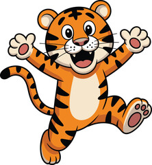 Cute cartoon tiger cub jumping with joy in snow, happy wild animal winter scene, playful jungle mascot illustration design.