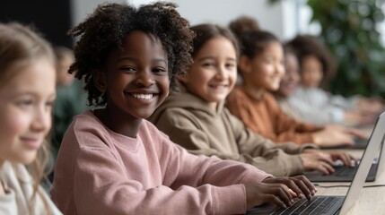 Diverse group of elementary students engaged in collaborative learning using laptops in a modern classroom setting