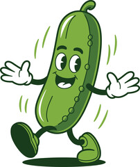 Funny cartoon cucumber character walking happily, retro vegetable mascot illustration, healthy food concept, cute green veggie, animated produce fun.