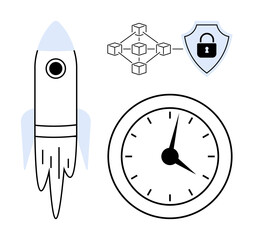Rocket in flight, blockchain structure, security shield, and clock symbolizing innovation, technology, security, speed, productivity success and progress. Ideal for digital strategy fintech data