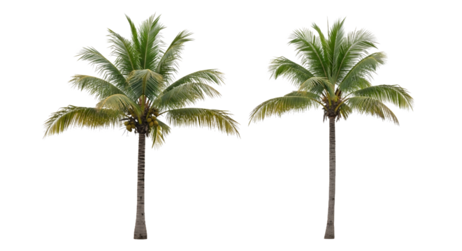 Two Lush Coconut Palm Trees Isolated on White Background Perfect for Tropical Designs