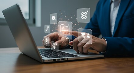 Businessman using laptop with digital icons of education, learning, and business strategy, representing online training and digital knowledge exchange