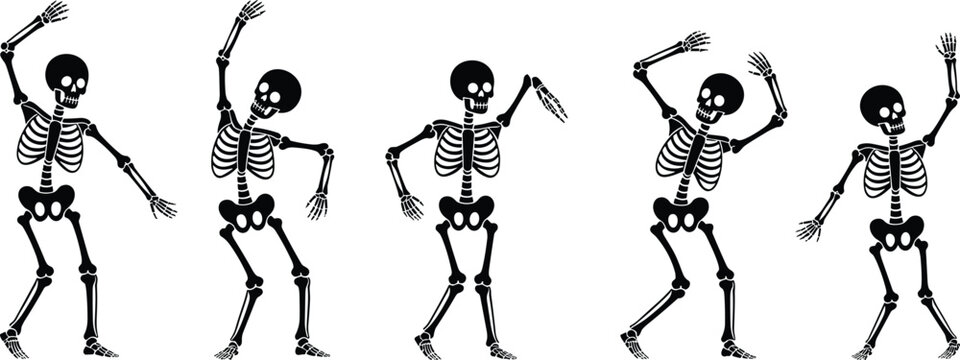 Funny cartoon skeletons dancing on dark background, Halloween party design, spooky celebration illustration, animated bone characters for festive fun.