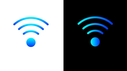 Blue gradient Wi-Fi signal icons on split background. One icon is displayed in blue on white, and the other in blue on black, representing wireless internet connectivity, network access