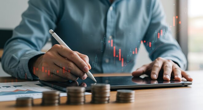 Businessman analyzing financial data on digital tablet with stylus, cryptocurrency and stock market growth chart, investment and wealth concept