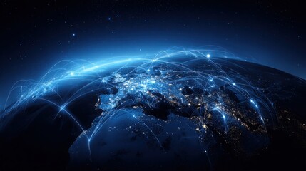 Global Network Connection Over Europe with Illuminated Cities and Data Transmission Lines in Dark Space