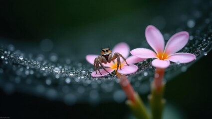 Small spider rests on a delicate pink flower with dew drops on a spider web