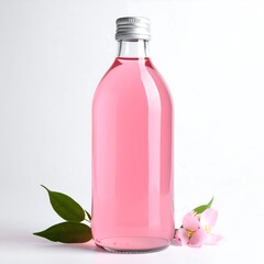 Pink liquid in a clear glass bottle with leaves and flower