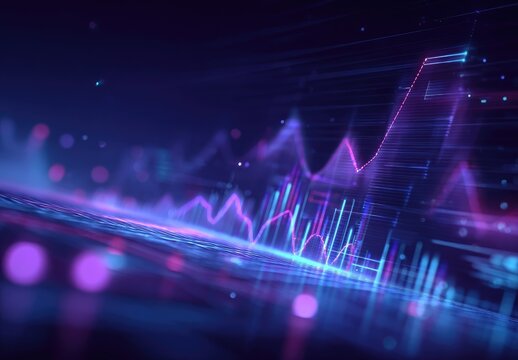 Abstract digital chart with glowing lines and points, displaying trends in vibrant colors on a dark background - Powered by Adobe