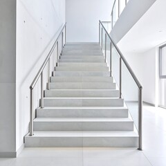 Modern minimalist staircase with white stone steps and glass railings