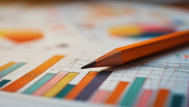 Close-up of orange pencil on colorful charts
