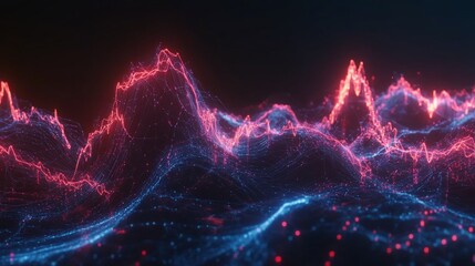 Abstract digital business graph with dynamic red waves and blue intertwined lines